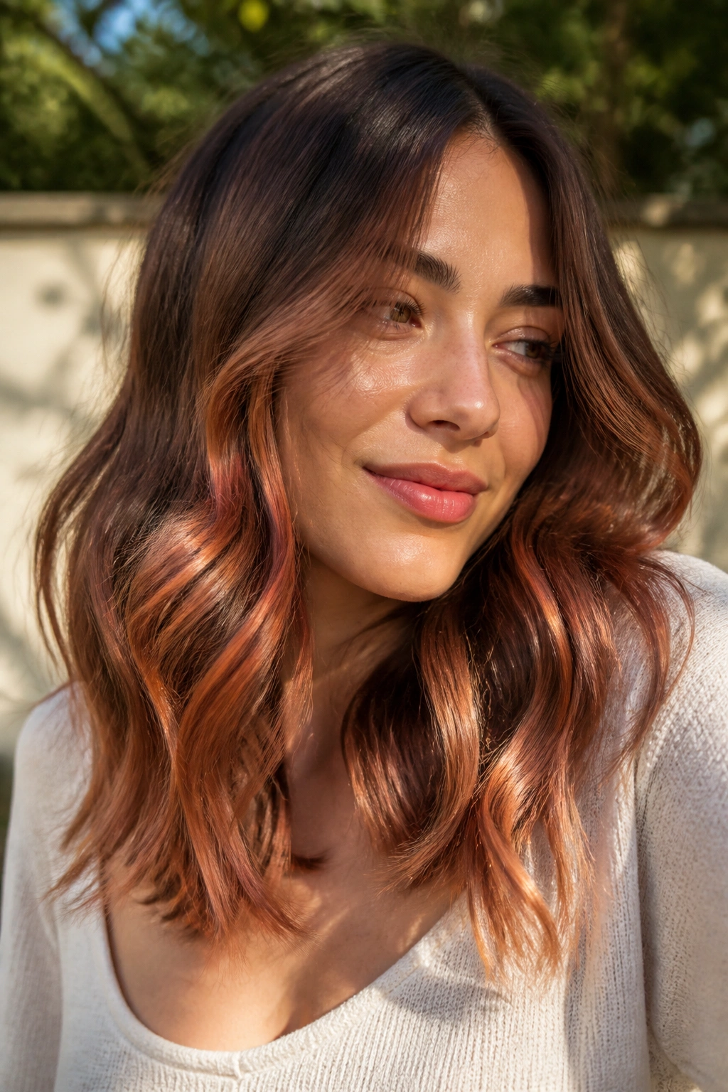 Chestnut hair with strawberry copper melt in soft waves