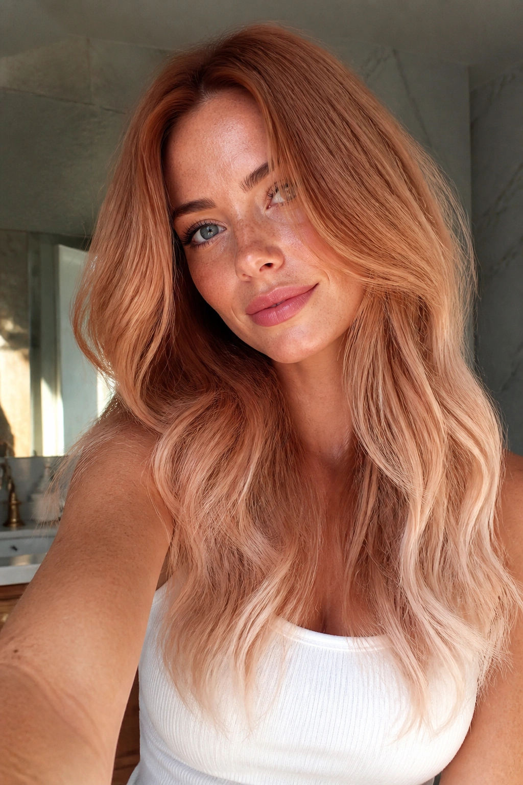 Close-up of strawberry blonde ombre on copper base on a real woman