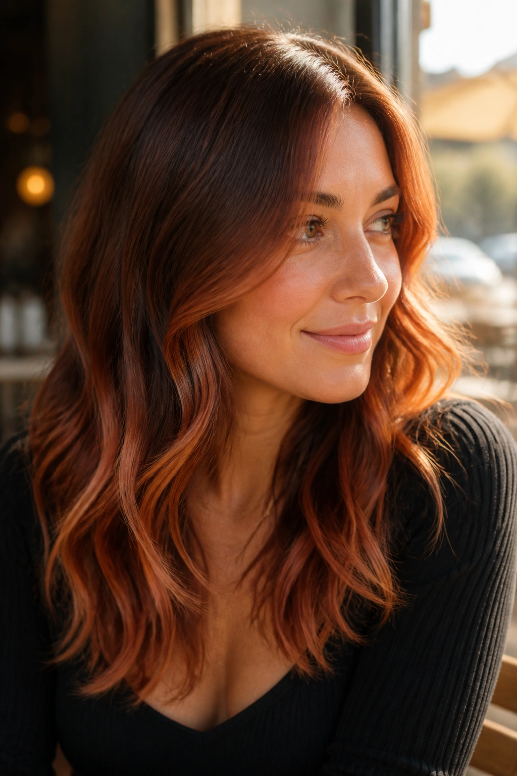 Brunette with strawberry copper overlay in sunny window light