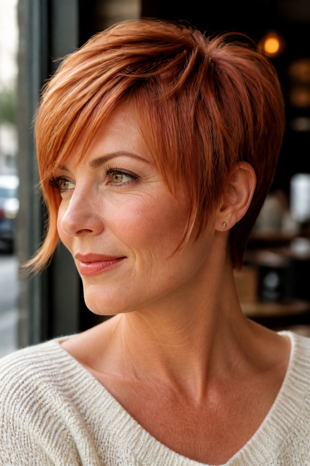 Close-up of a real woman with strawberry copper pixie and face-framing pieces