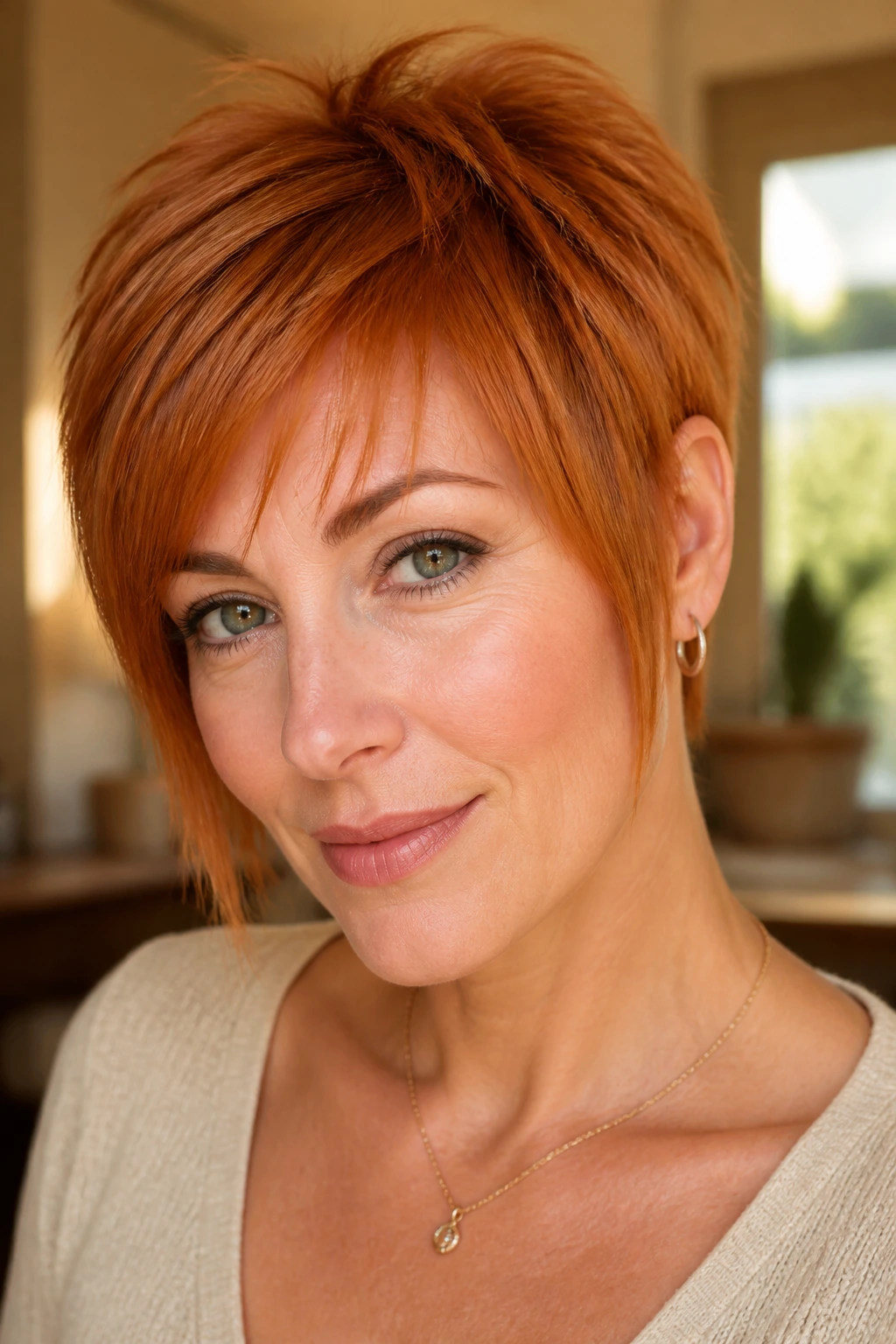 Close-up portrait of a real woman with strawberry copper pixie and longer temple pieces.