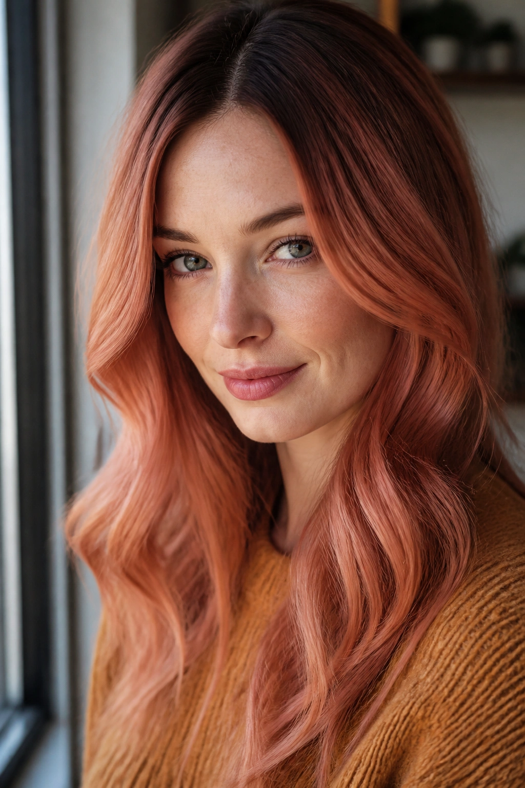 Close-up portrait of a real woman with strawberry copper hair and root smudge