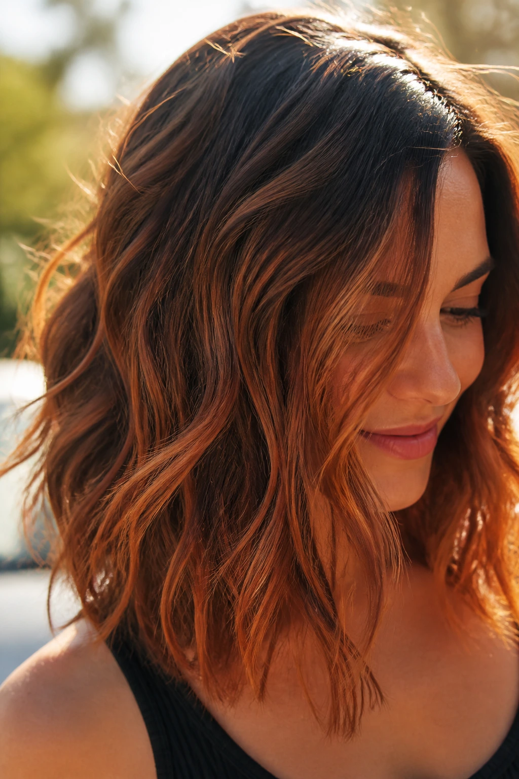 Real woman with strawberry copper waves in warm golden hour light