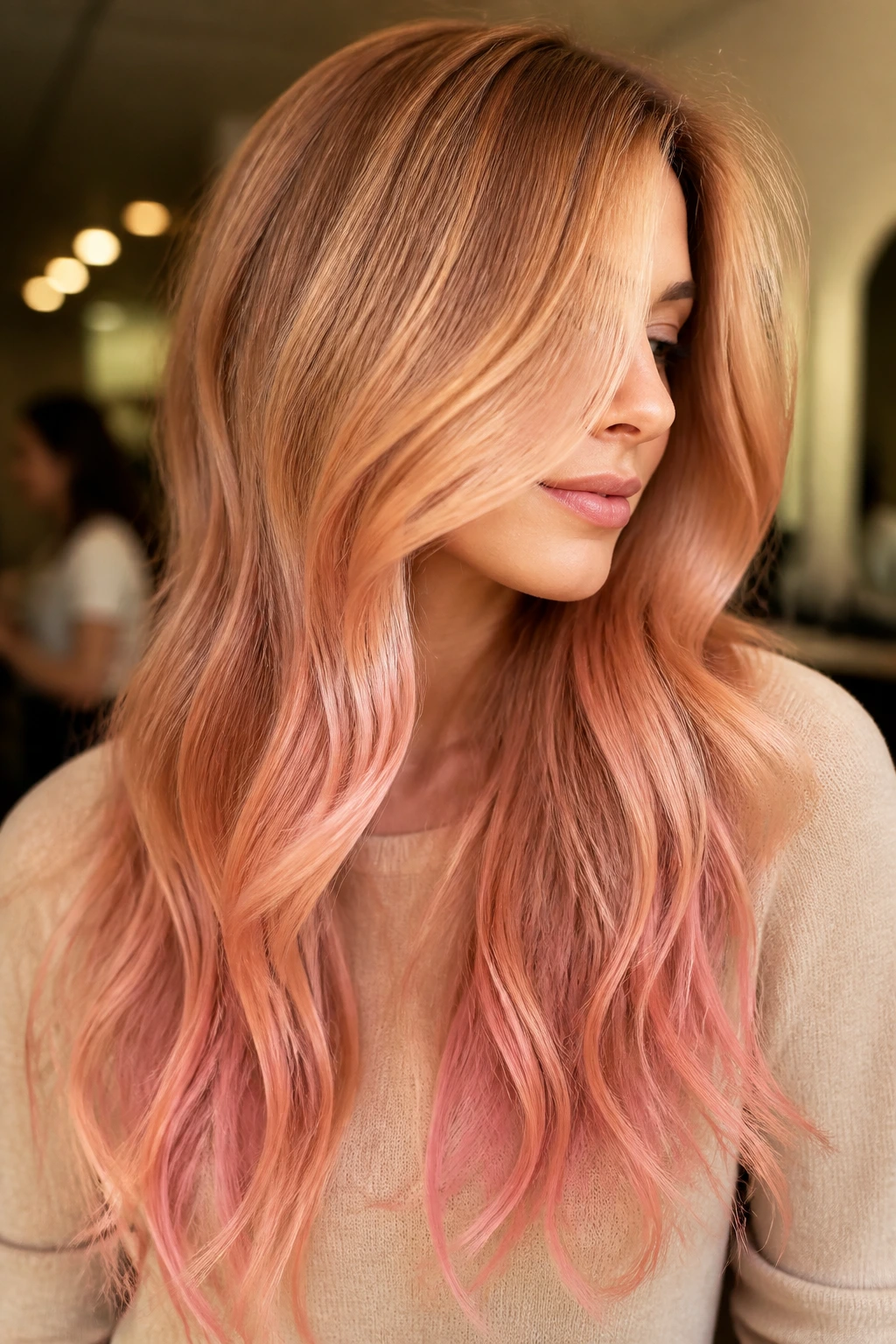Close-up of a real woman with strawberry cream balayage on long layered hair.