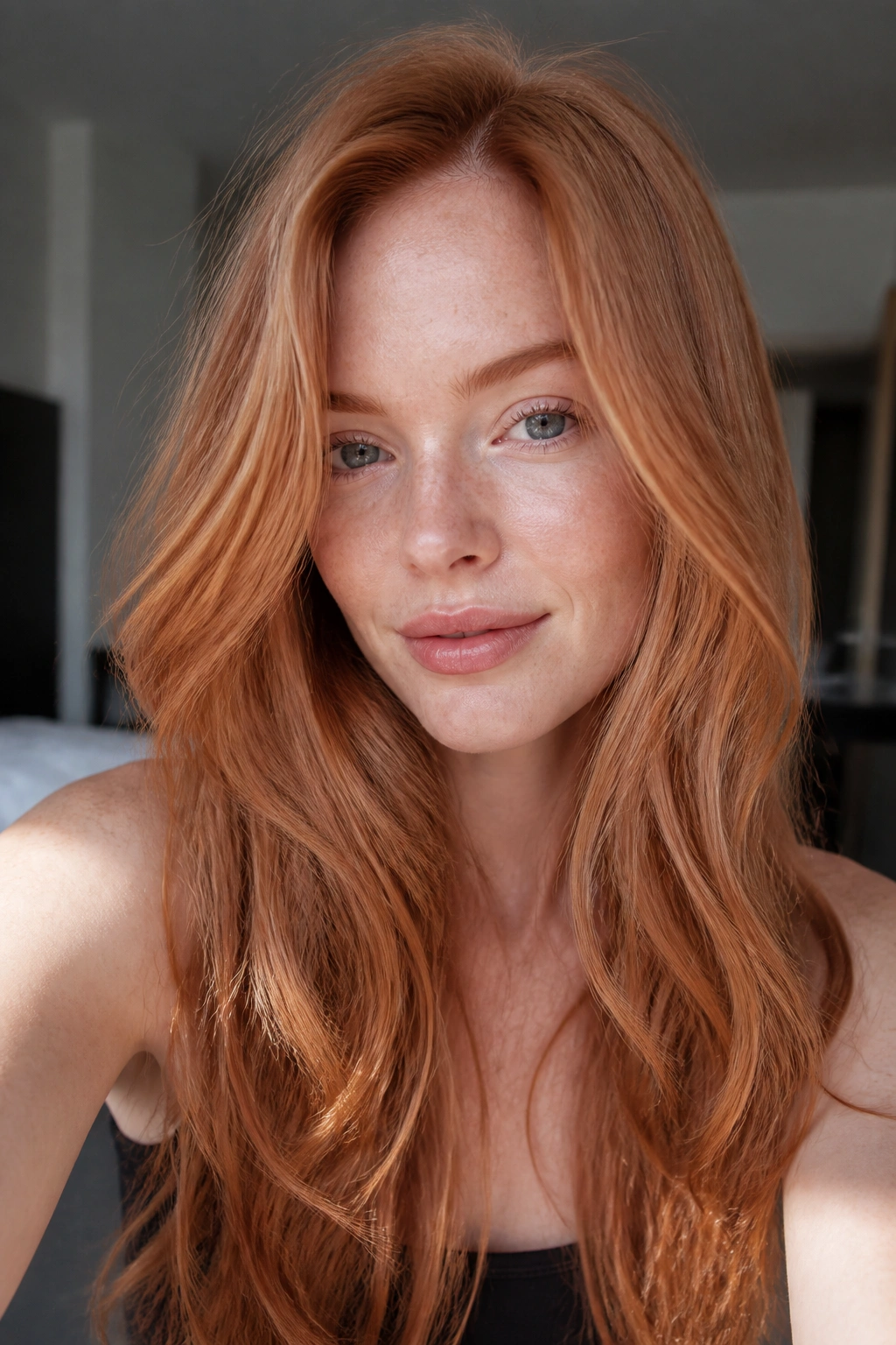Close-up portrait of a real person with strawberry ginger hair under soft daylight