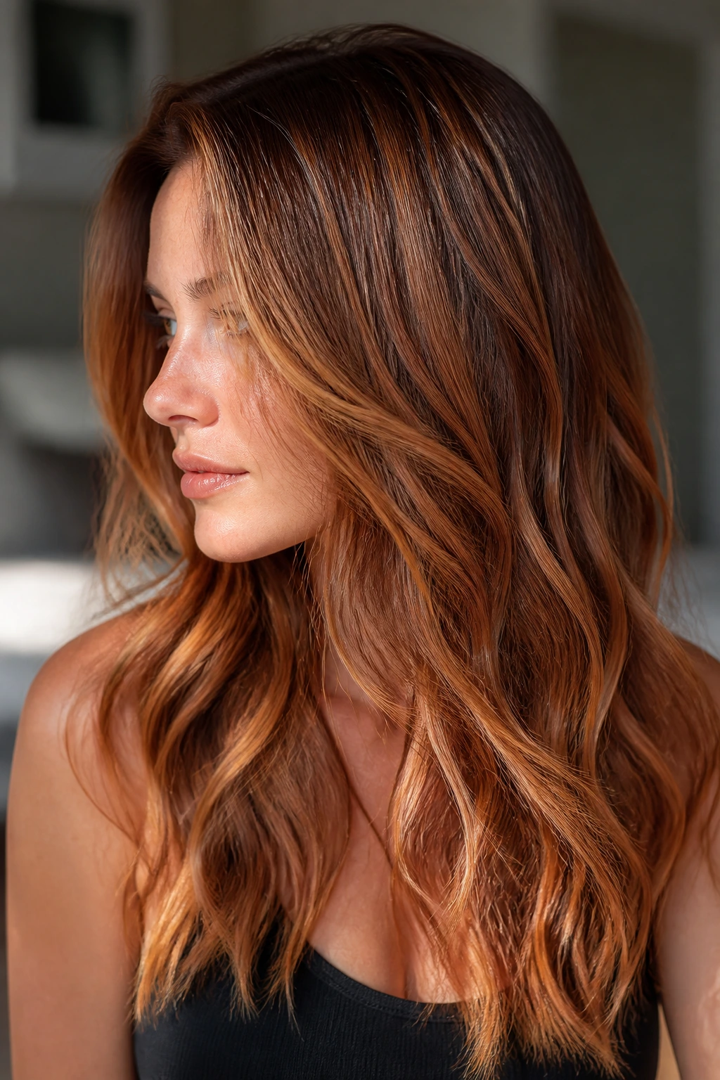 Close-up of a real person showing a fine weave of strawberry and ginger tones across dark brown hair