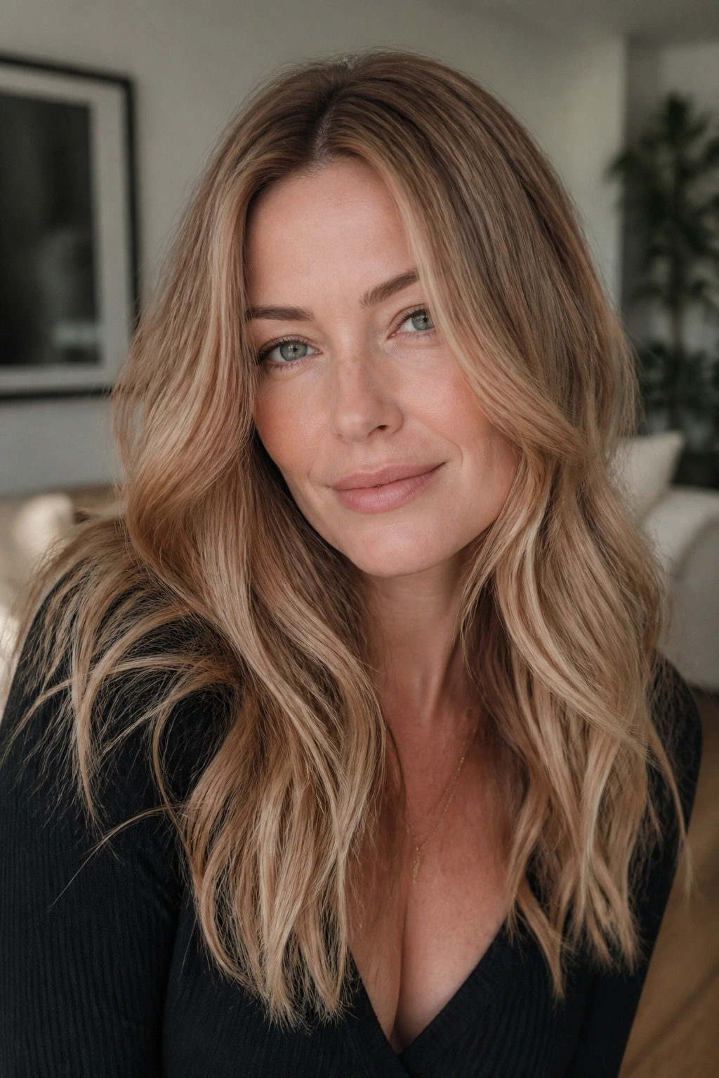 Close-up of a real person with Strawberry Blonde Melt and Smoky Lowlights in soft daylight