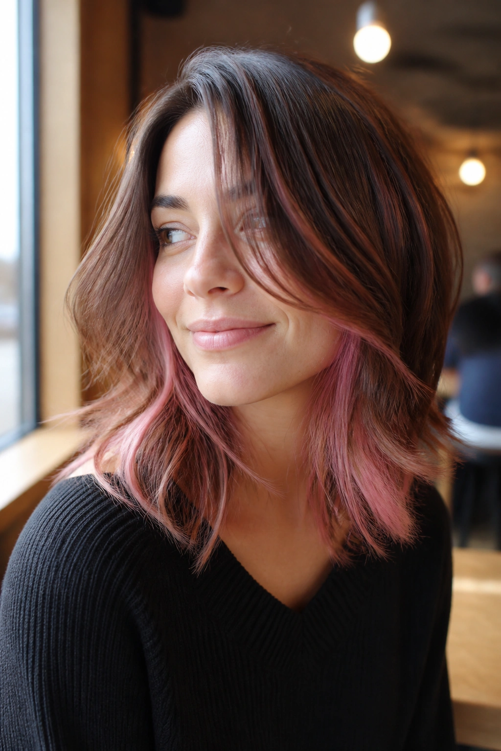 Close-up of a brunette with strawberry milk peekaboo layers peeking out from under hair