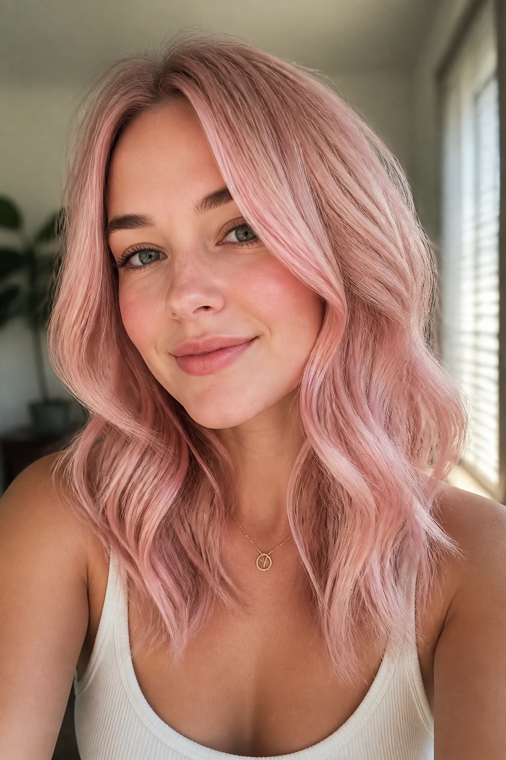 Close-up of a real woman with strawberry milk pink hair in loose waves