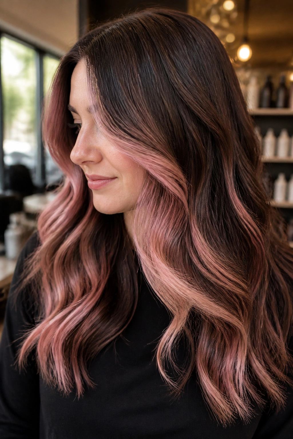 Close-up portrait of brunette hair with strawberry milk swirl in chocolate base.