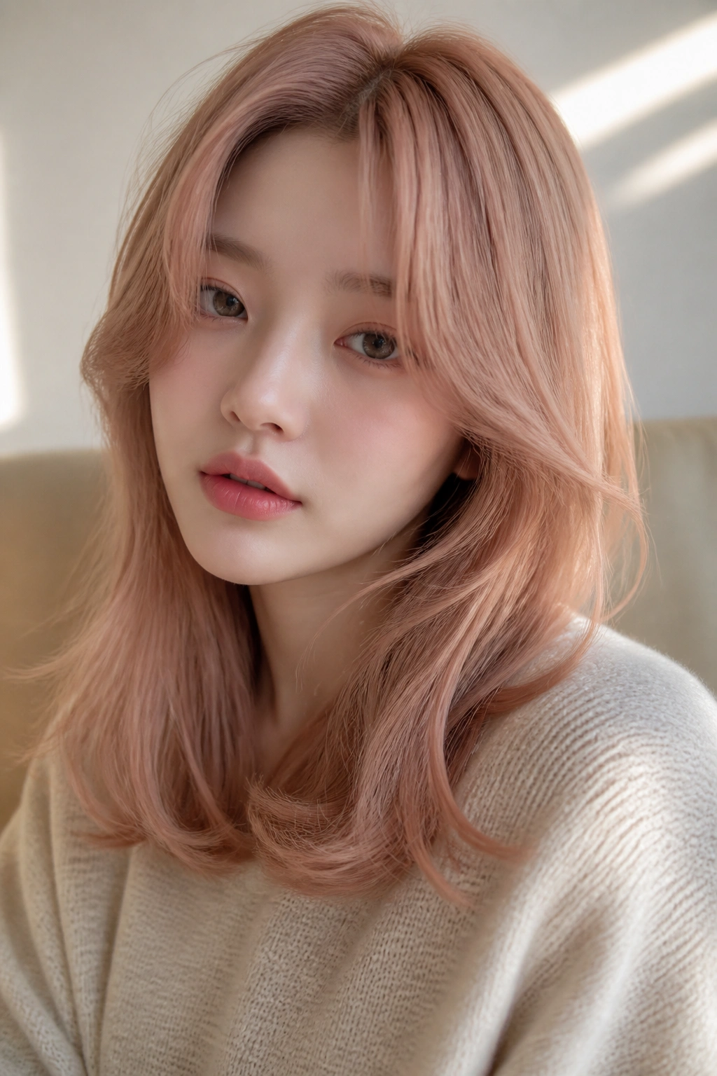 Real woman with strawberry milk tea hair, creamy beige and pink-tinged strands.
