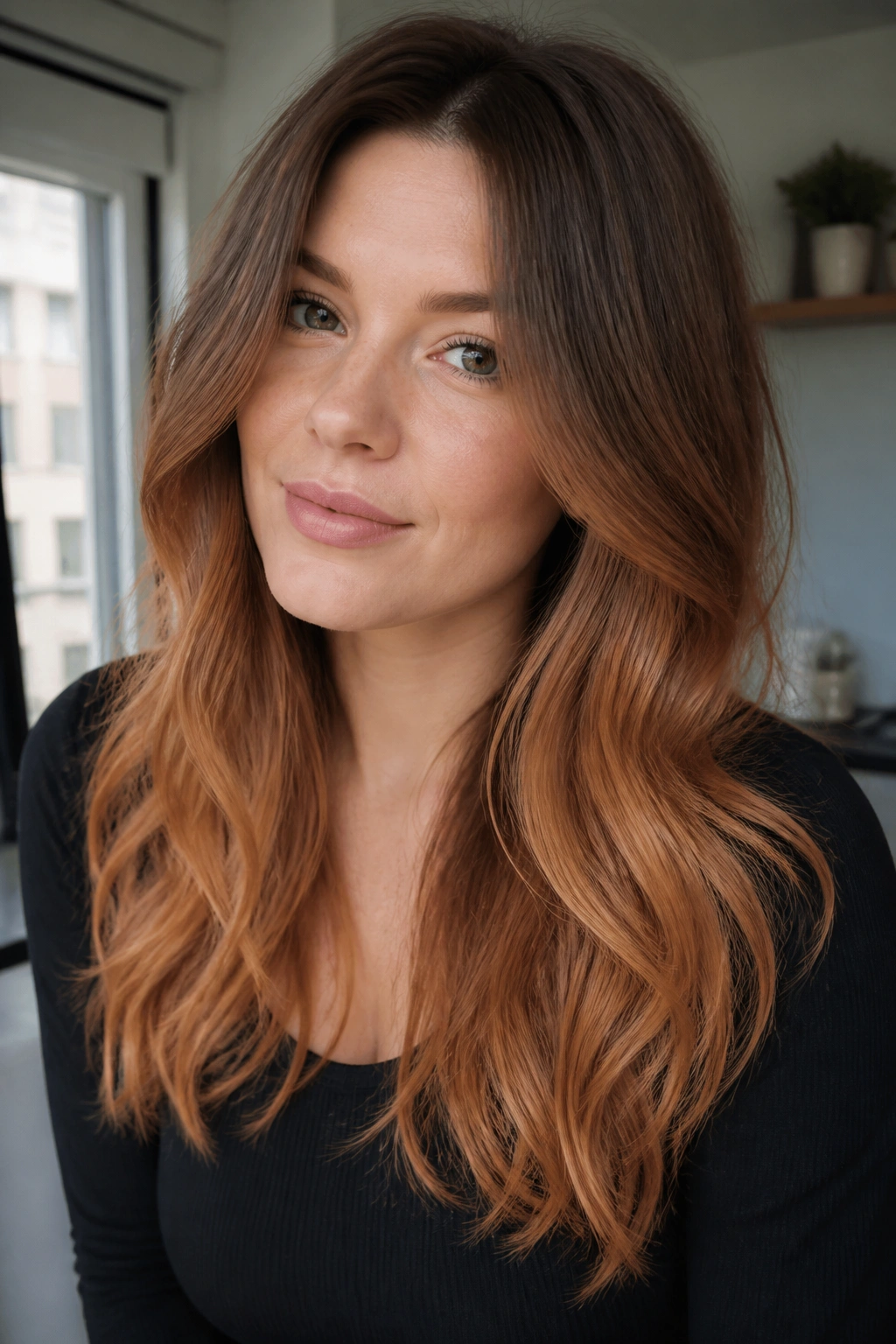 Close-up of a real woman with strawberry blonde ombré on a cool brunette base