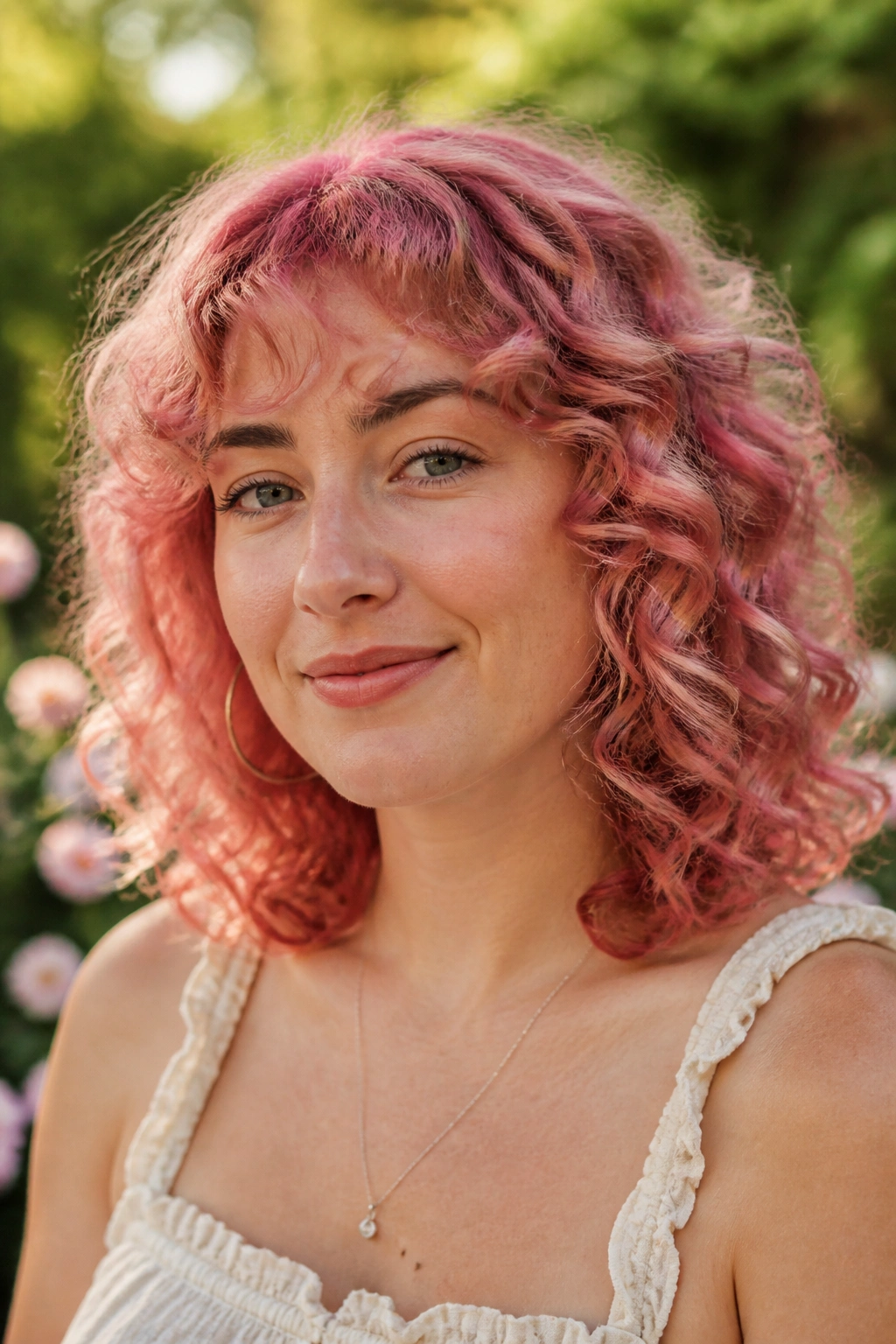 Close-up of real woman with strawberry pink curly shoulder-length hair