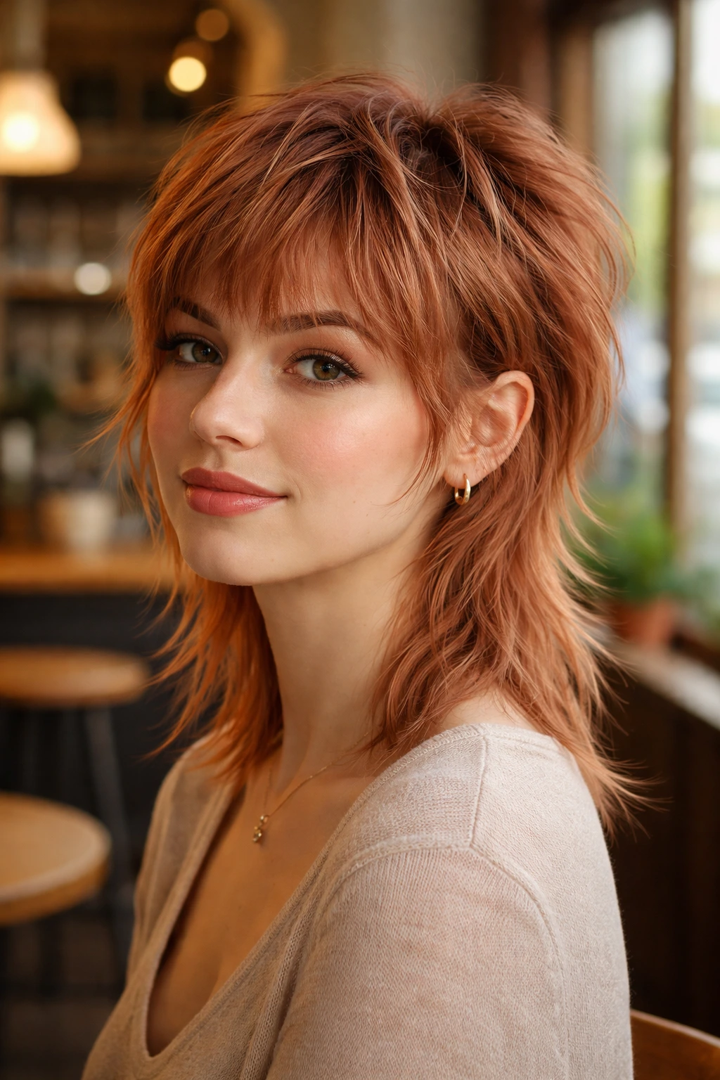 Close-up of a real woman with shaggy strawberry pixie mullet hairstyle