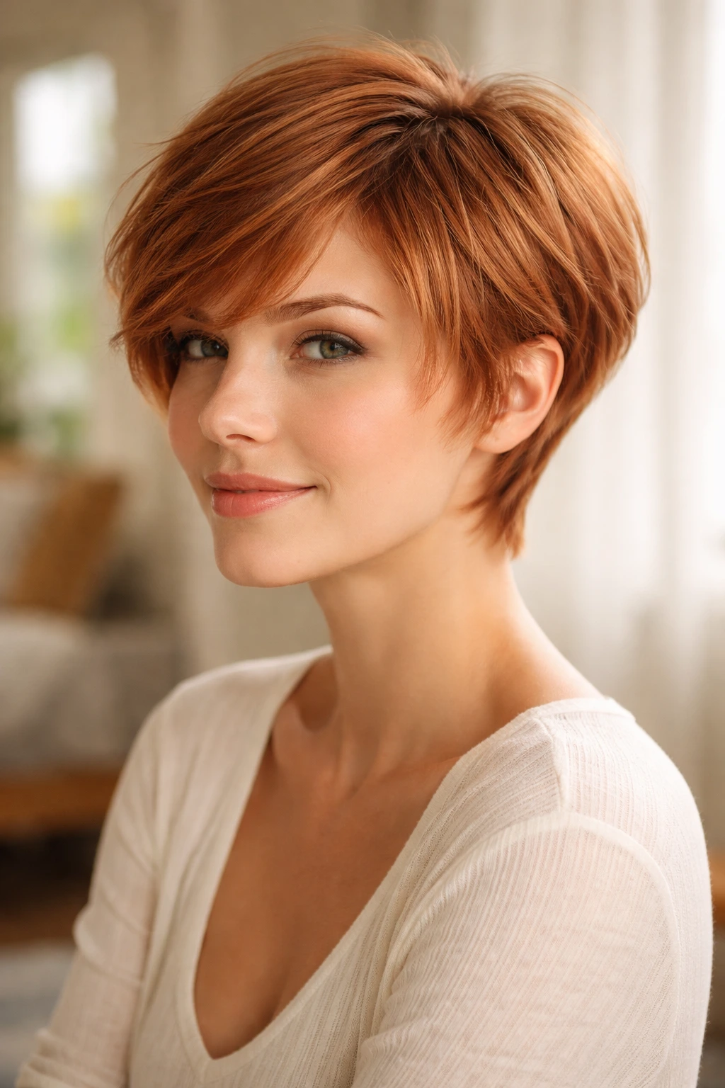 Close-up of a real woman with long-layered strawberry pixie hairstyle in warm light