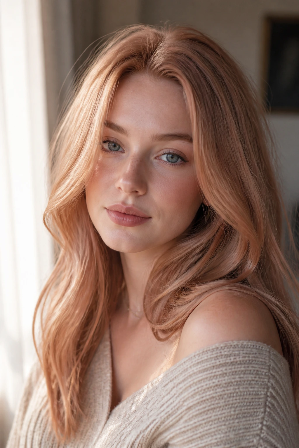 Close-up portrait of a real person with soft strawberry red hair and beige finish under soft window light