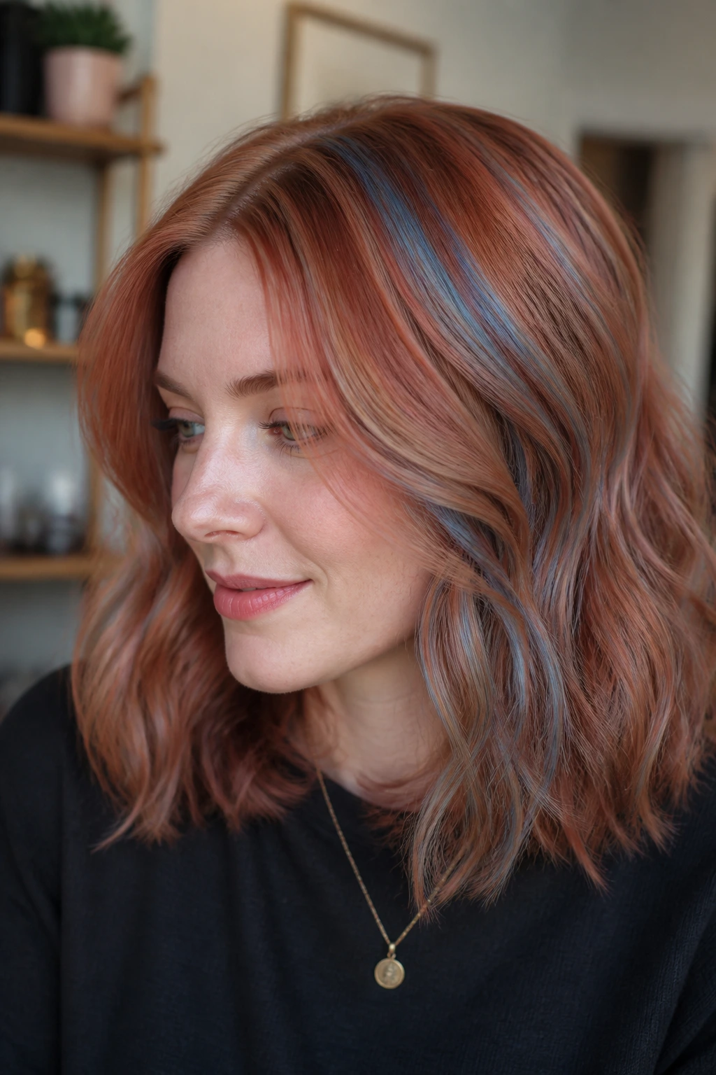 Close-up of a real person with strawberry red hair and silver-blue lowlights at the crown.