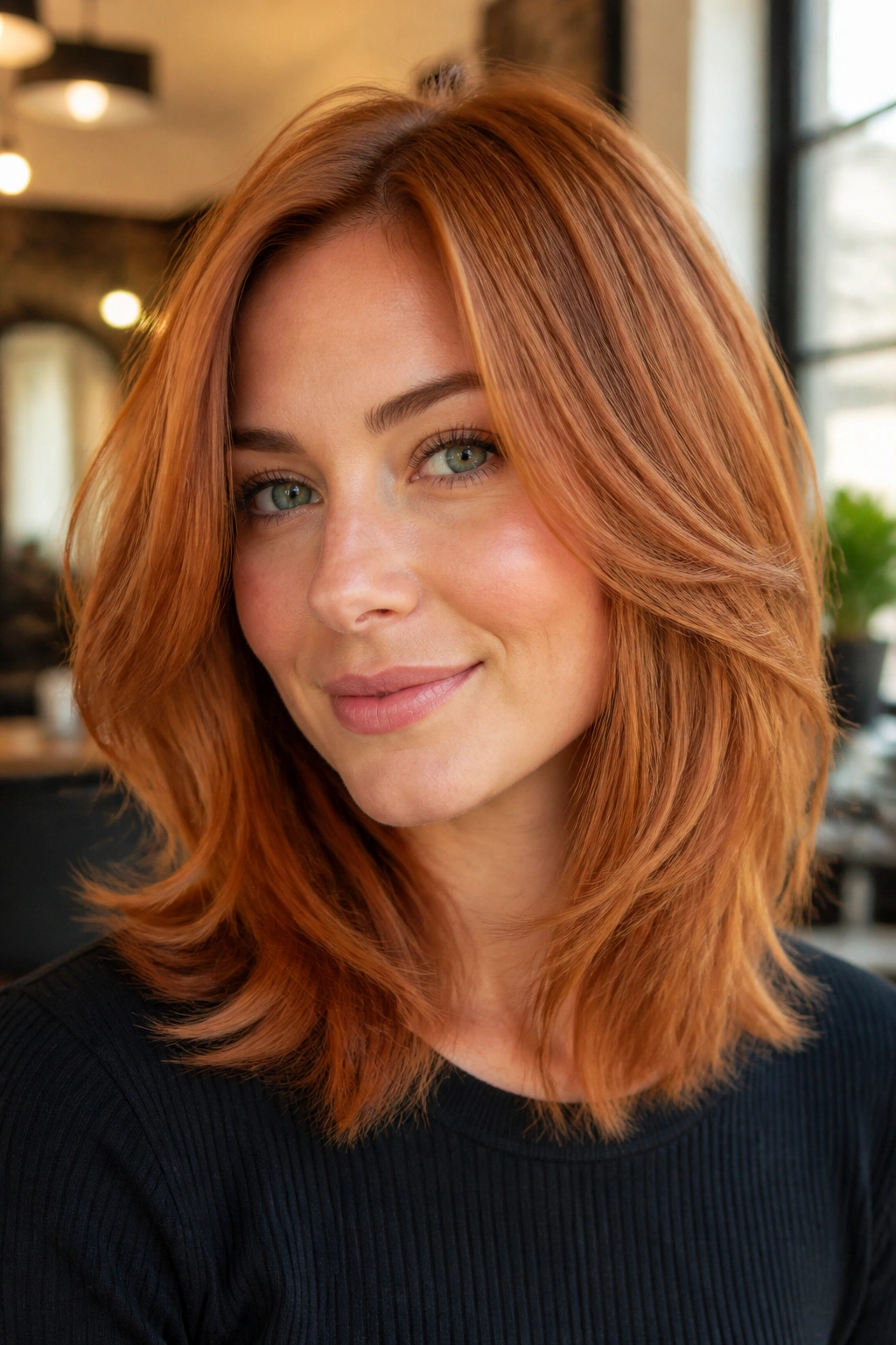 Close-up portrait of a real woman with strawberry red lob and feathered layers