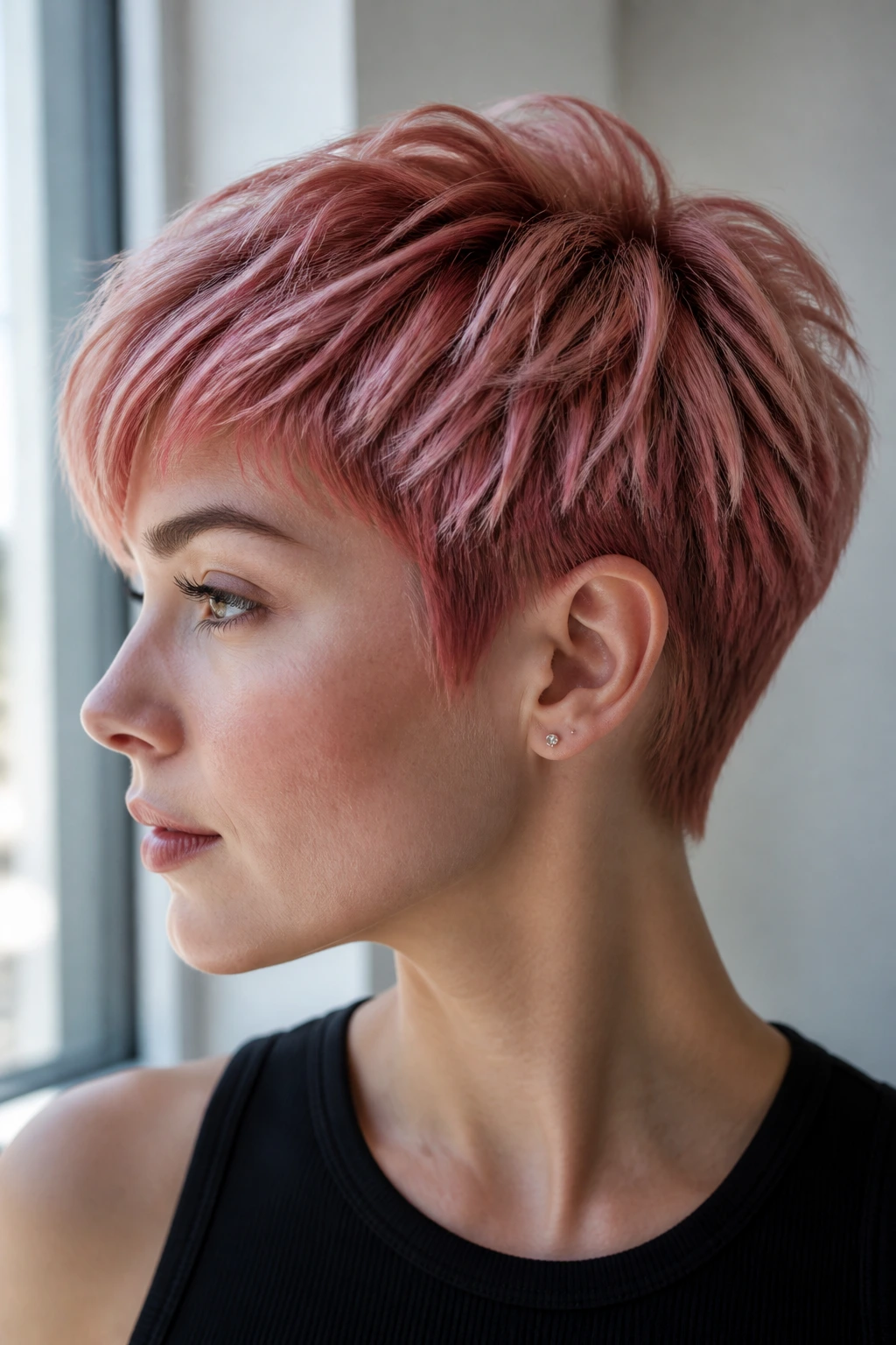 Profile portrait of a real person with a pixie cut in strawberry red and icy glaze.