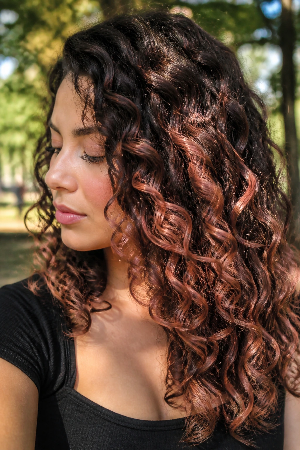 Close-up portrait of a real woman with deep brown curls and strawberry rose balayage.