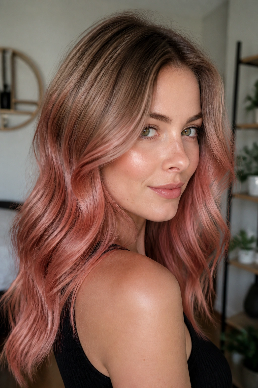 Real person with strawberry rose dark roots and rose-blonde ends