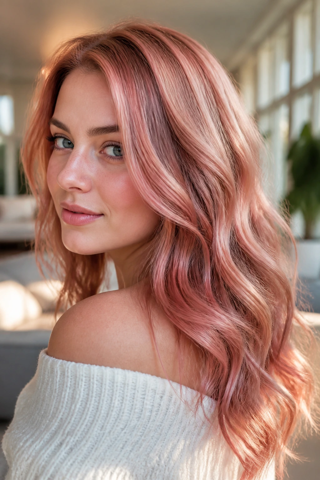 Close-up of a real woman with strawberry rose gold waves in natural light.