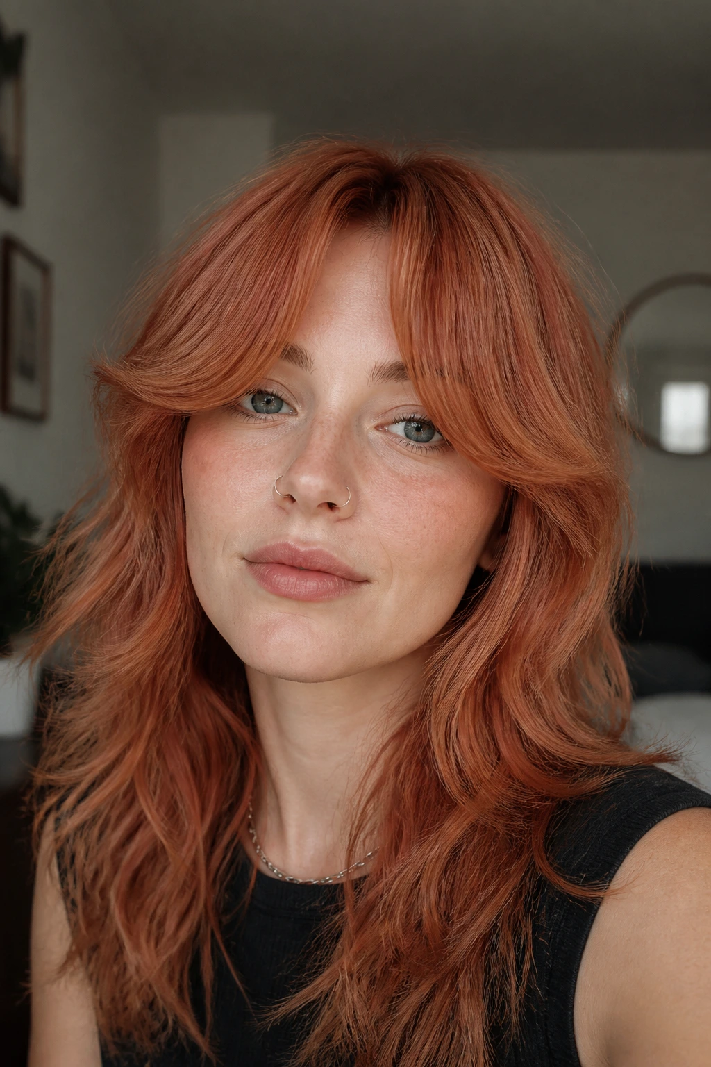 Portrait of a real woman with strawberry shag and curtain bangs