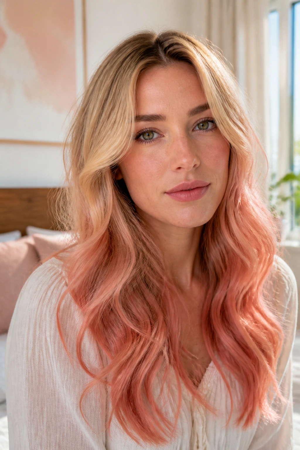 Close-up of a real woman with airy waves and strawberry shortcake melt tones