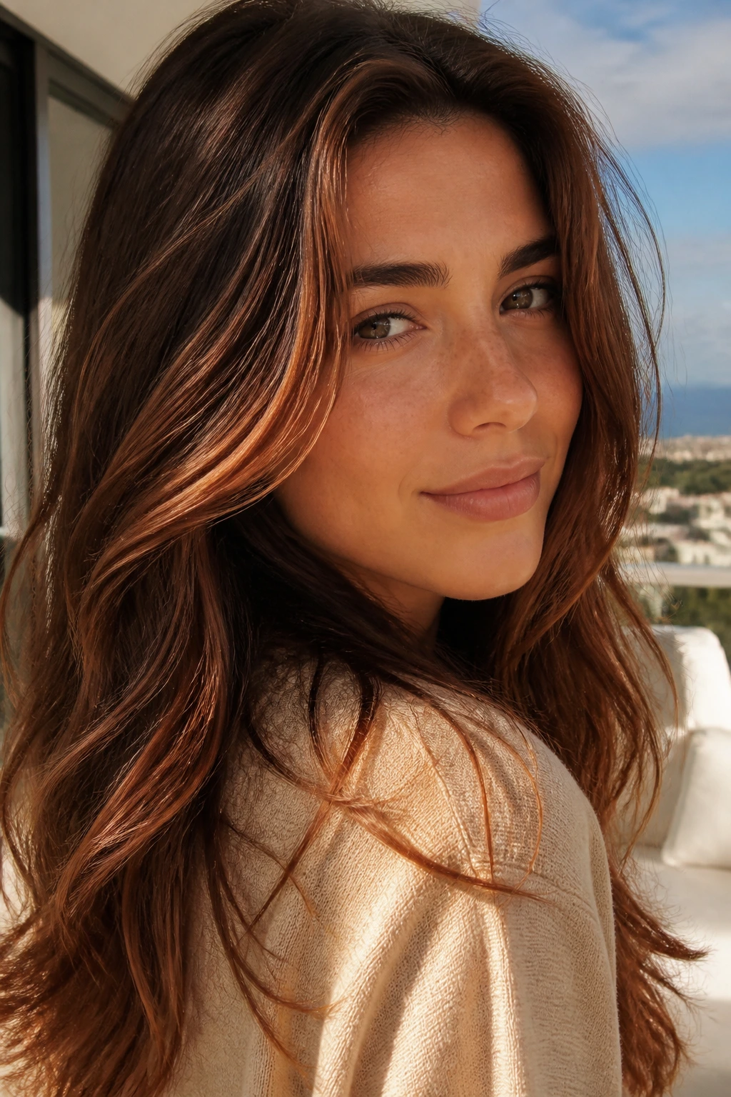 Close-up of a real woman with sun-kissed strawberry streaks in dark brown hair in natural sunlight