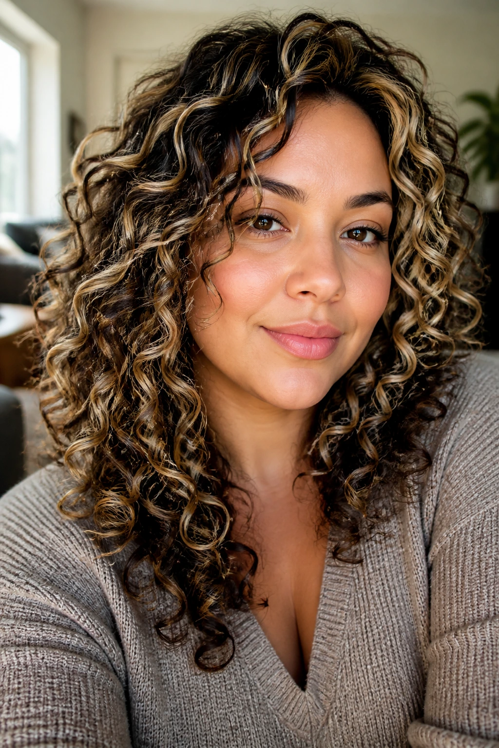 Close-up of a real person with streaky black and blonde curls framing the face