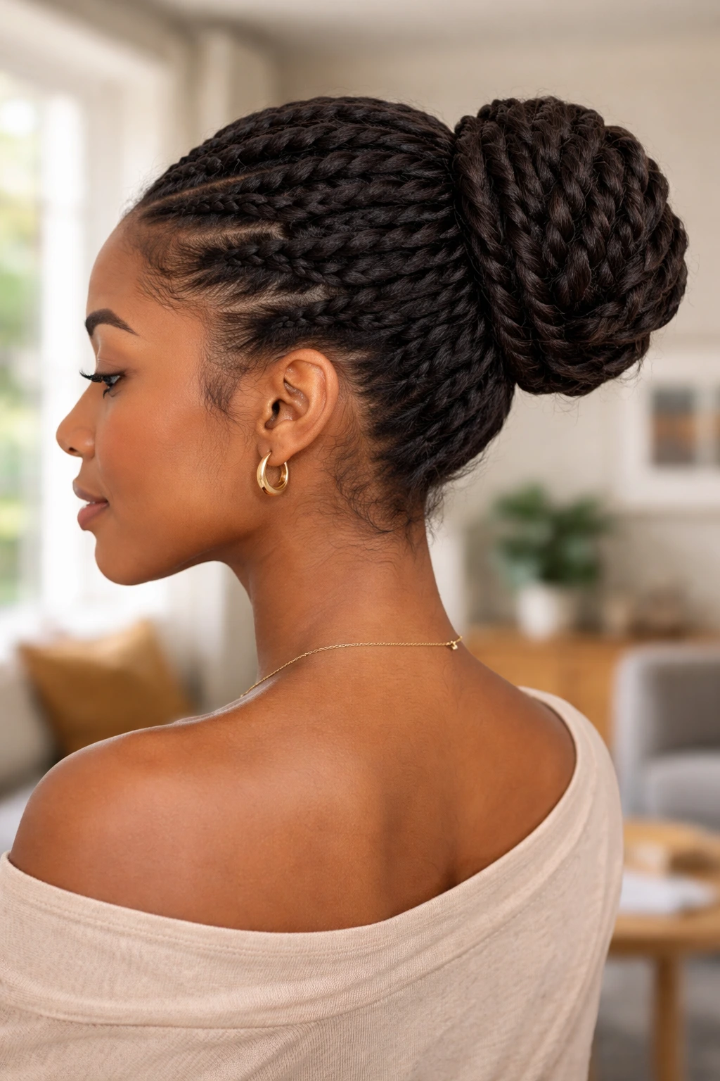 Close-up of a real woman showing a stretch twist bun at the back of the head