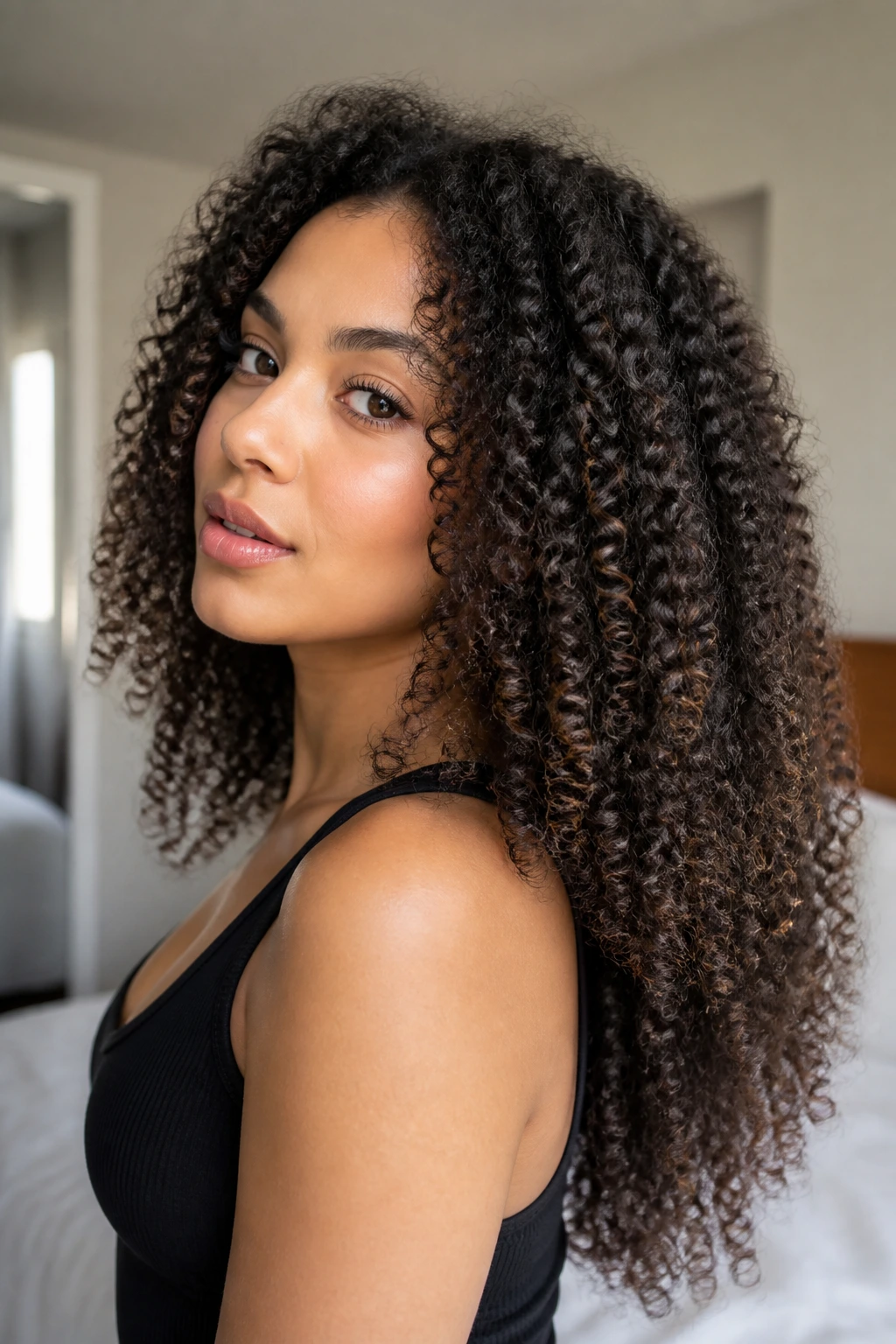 Close-up of a real person with stretched curls and a diffused finish.