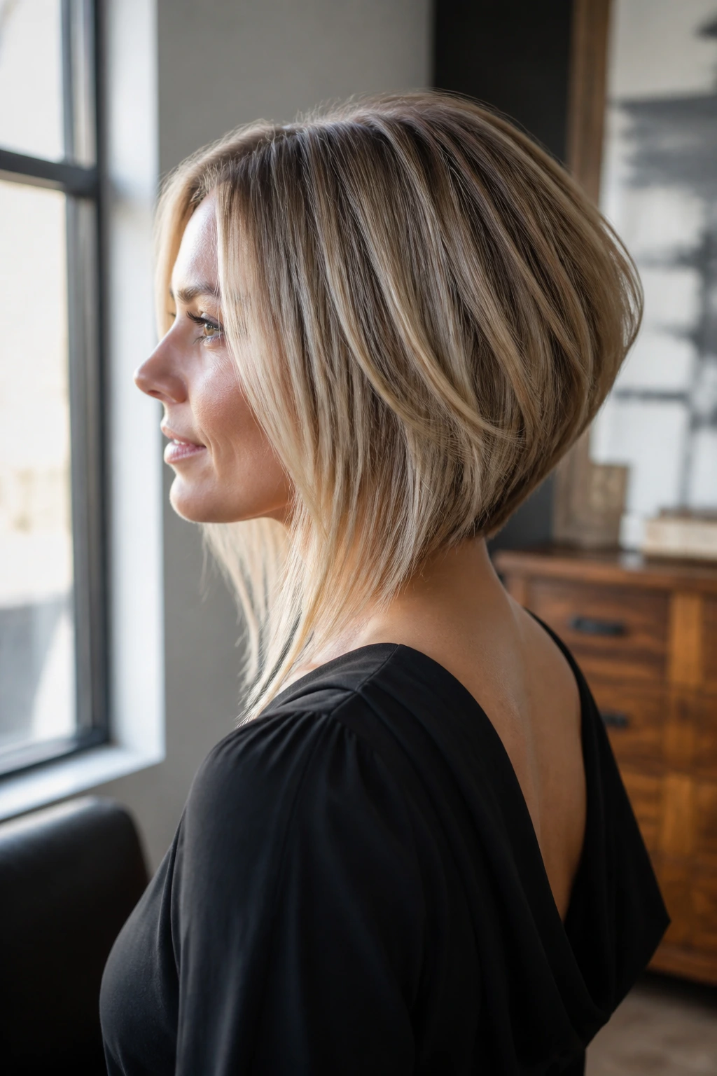 Profile of a real woman with a strong-angle stacked lob showing back stack and longer front