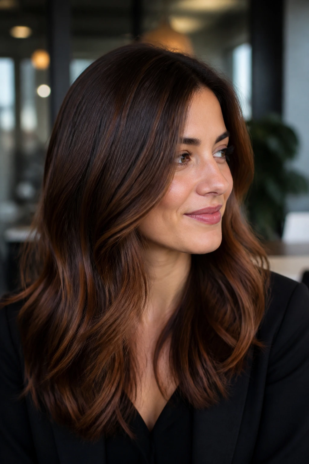 Close-up of brunette with subtle auburn brown balayage in an office setting