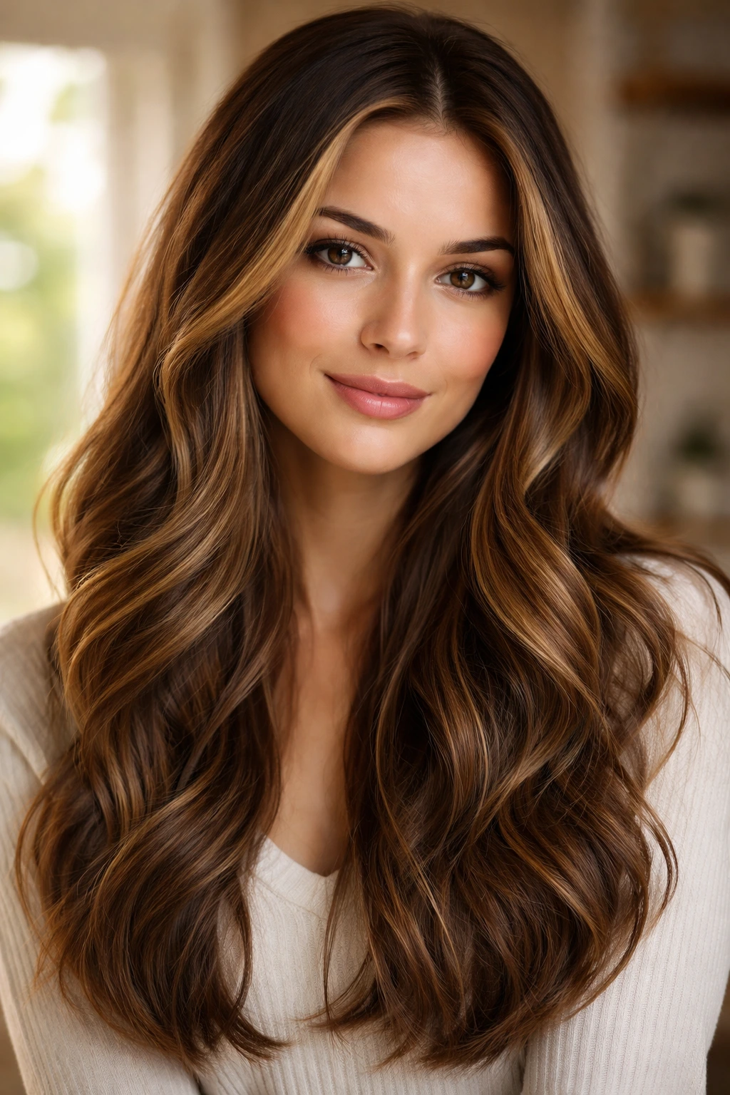 Softly highlighted brown hair with caramel and honey balayage on a real person