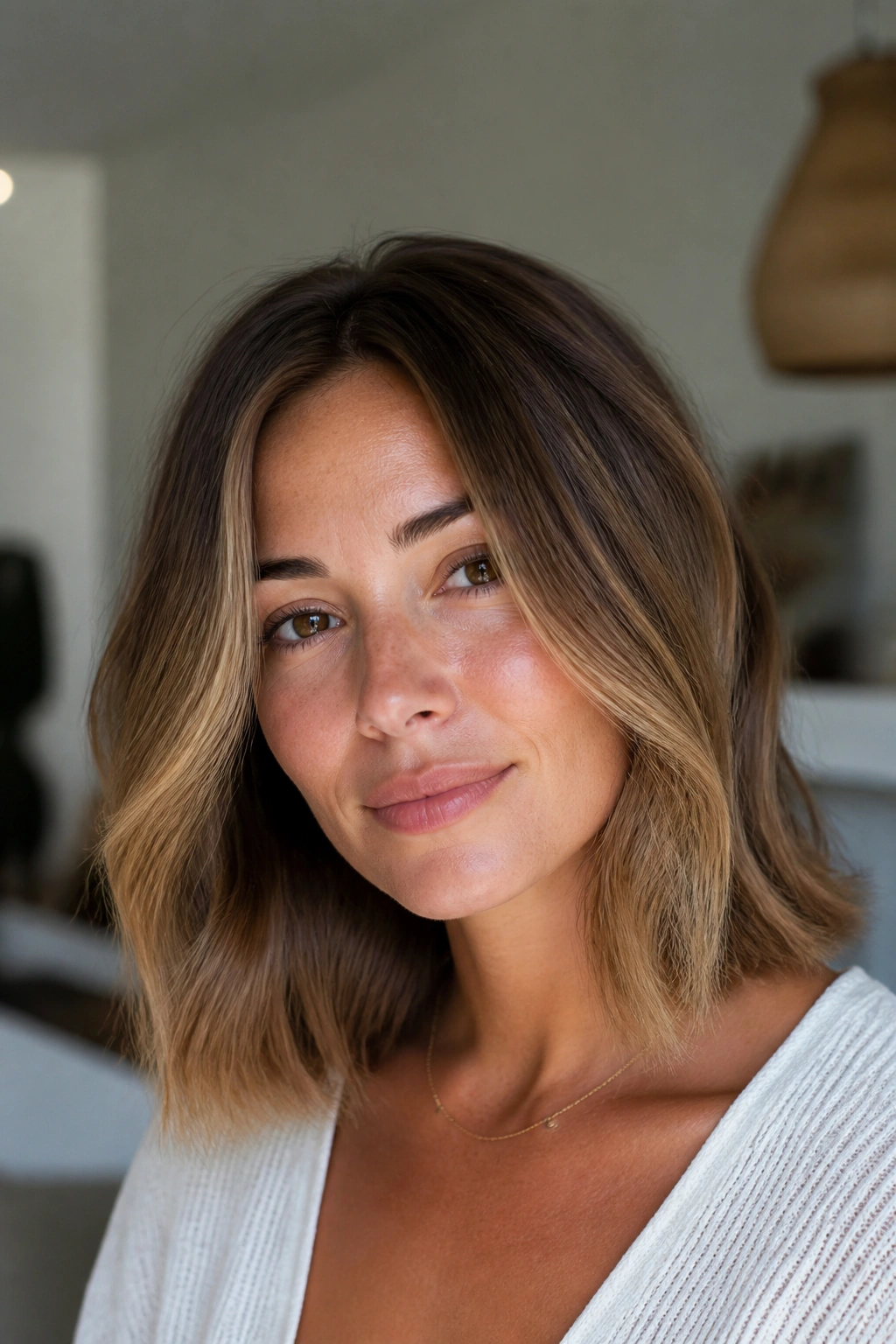 Close-up of real person with minimalist subtle blonde balayage