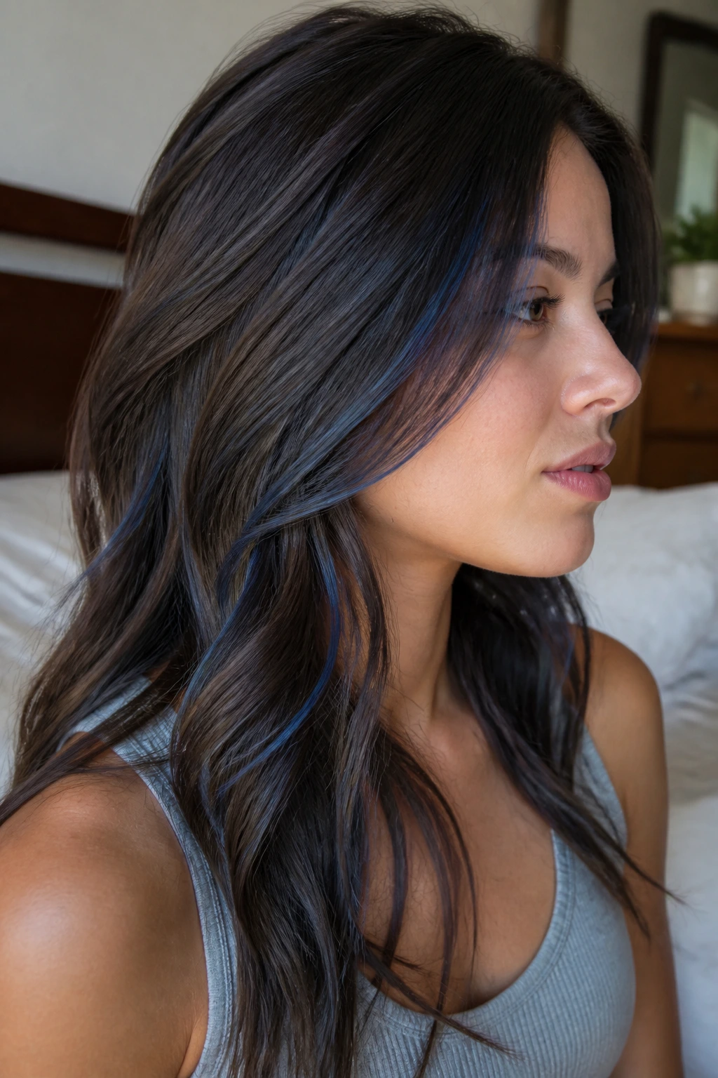 Close-up of brown hair with subtle blue veil highlights.