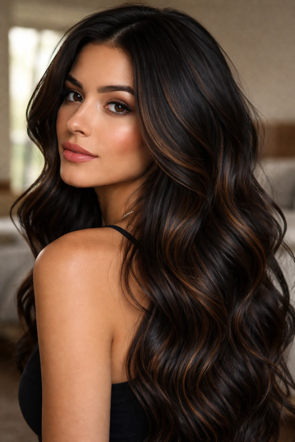 Close-up of black-brown hair with subtle caramel ribbons on a real person