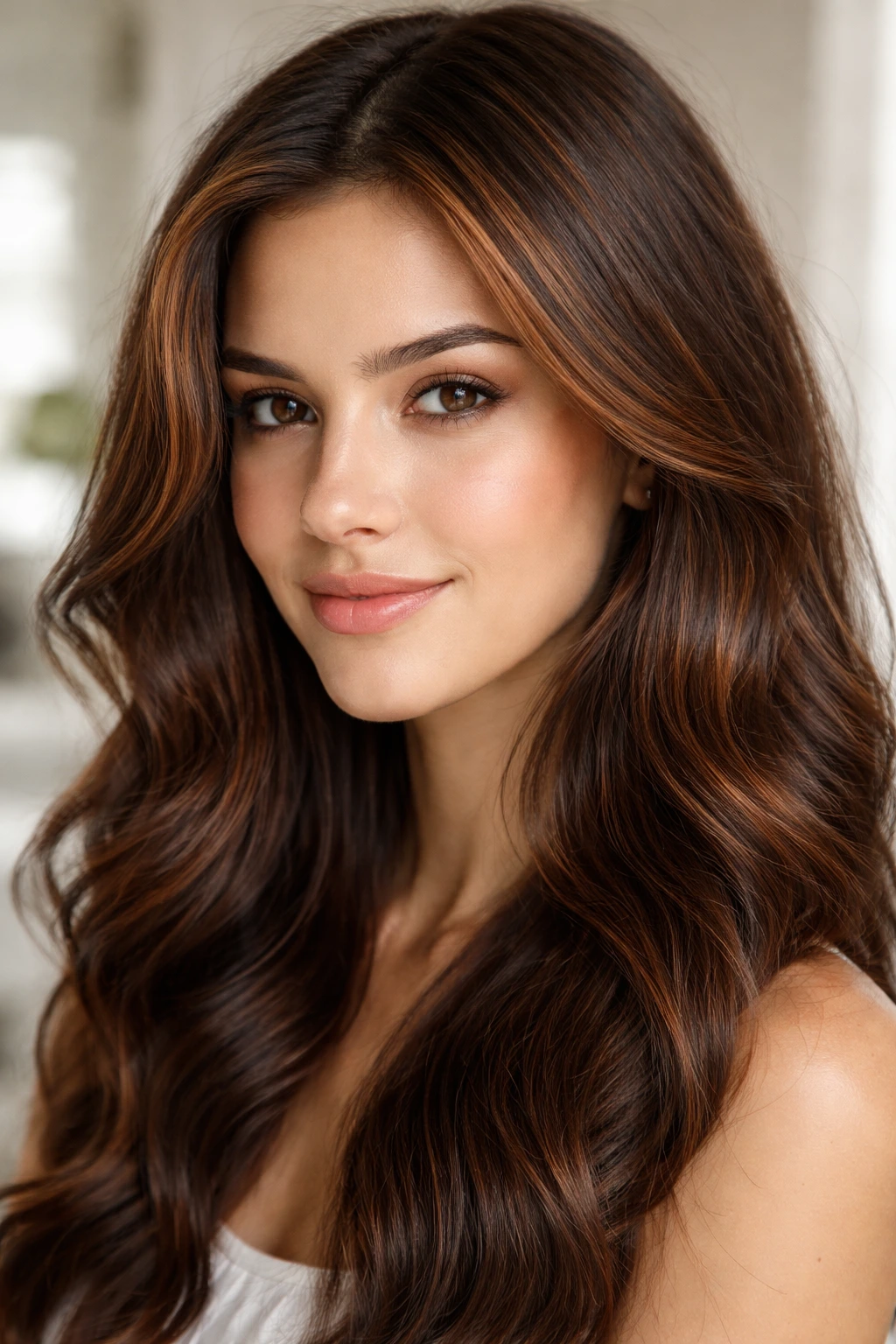 Close-up portrait of a real woman with subtle copper babylights at the hairline