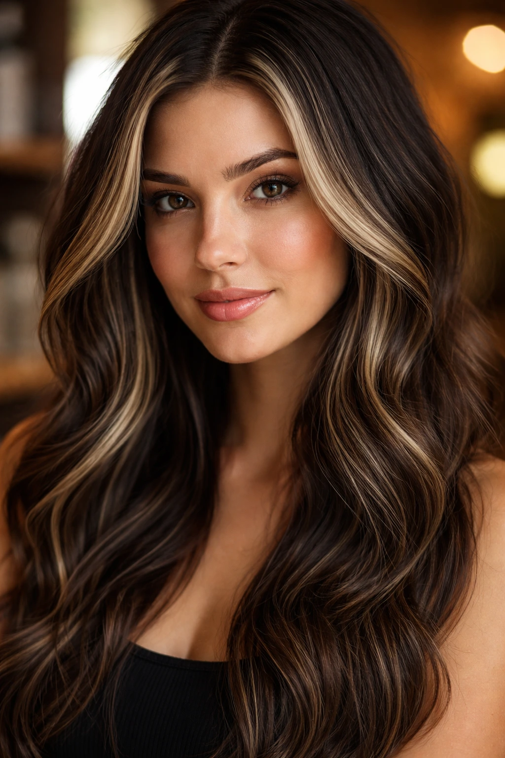 Close-up of a real woman with subtle face-framing blonde and black weaves around the face