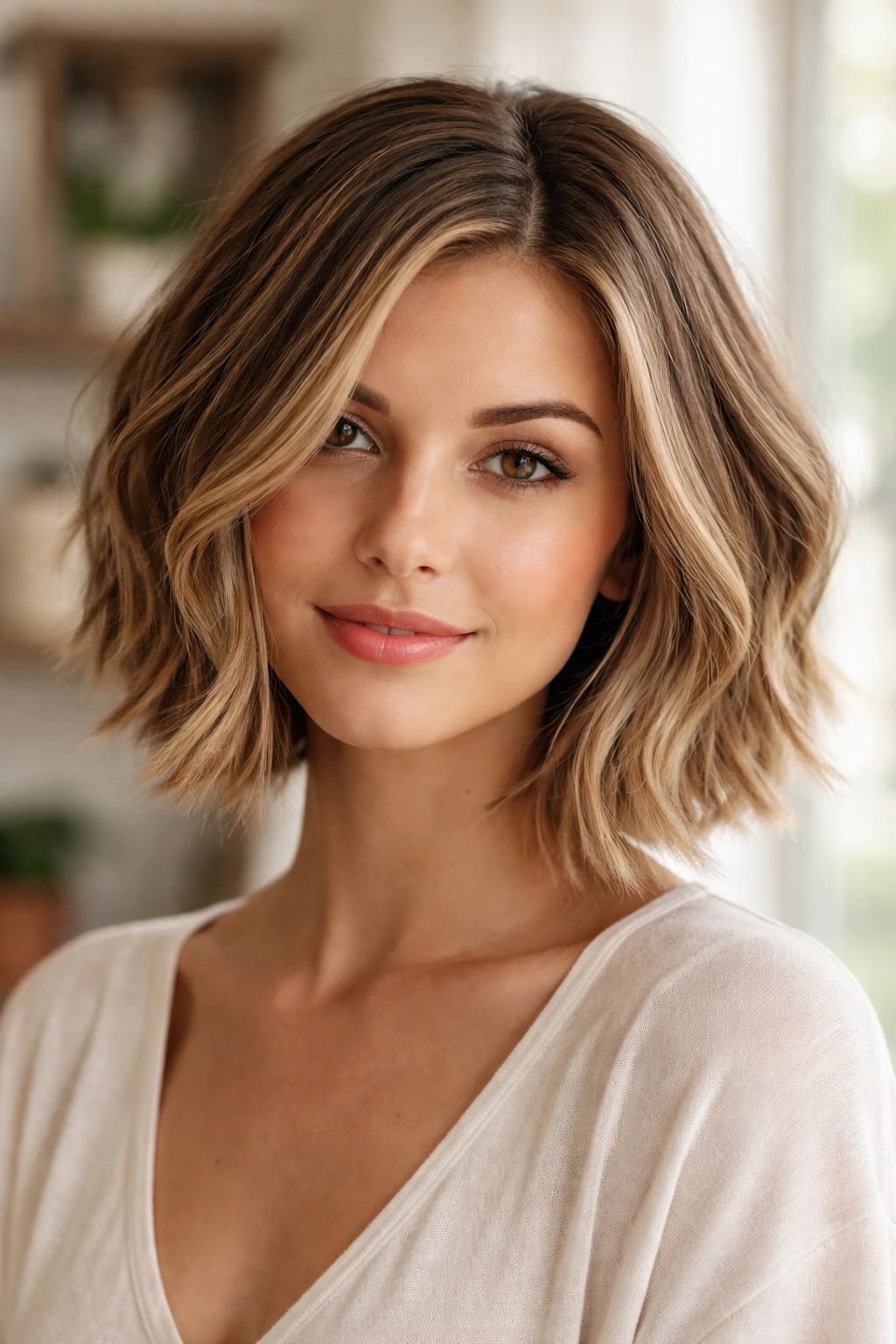 Close-up of a real woman with subtle babylights around the face in a sunlit room
