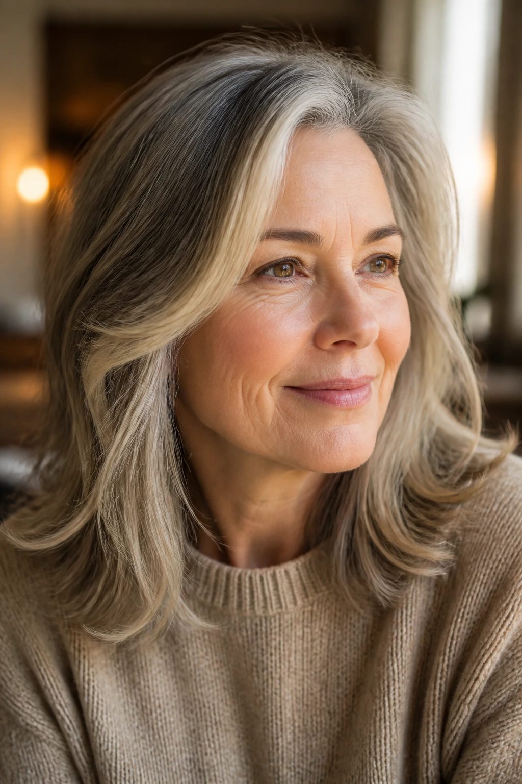 Close-up of an older woman with subtle highlights softening around the face, natural window light