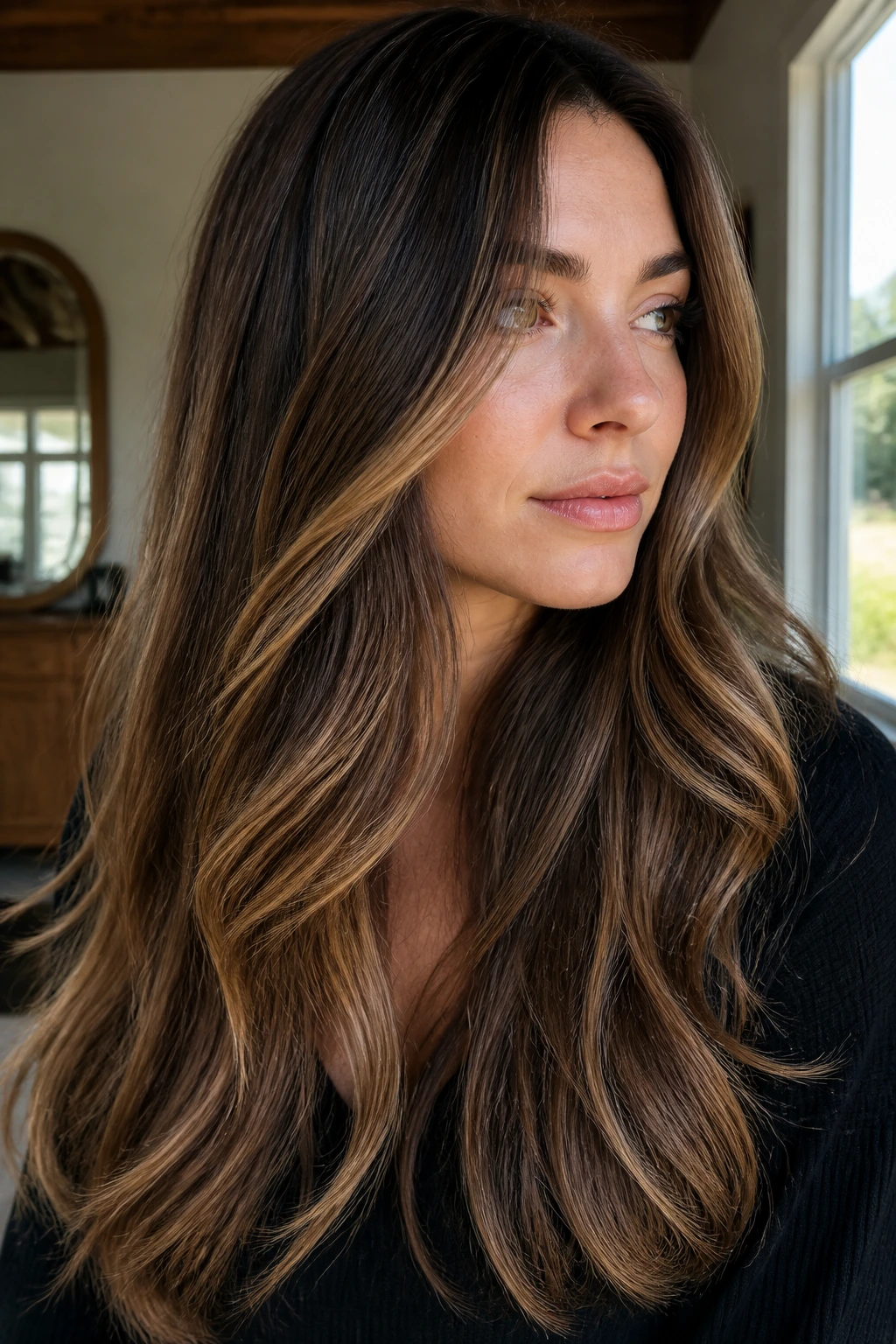 Close-up of long layered brunette with subtle honey lifts