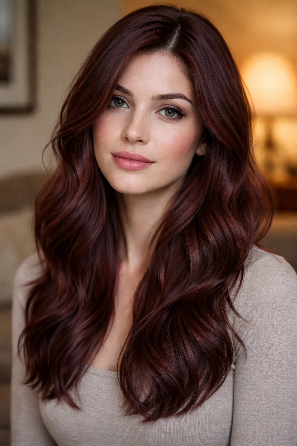 Subtle mahogany hair close-up on a real woman in a warm living room