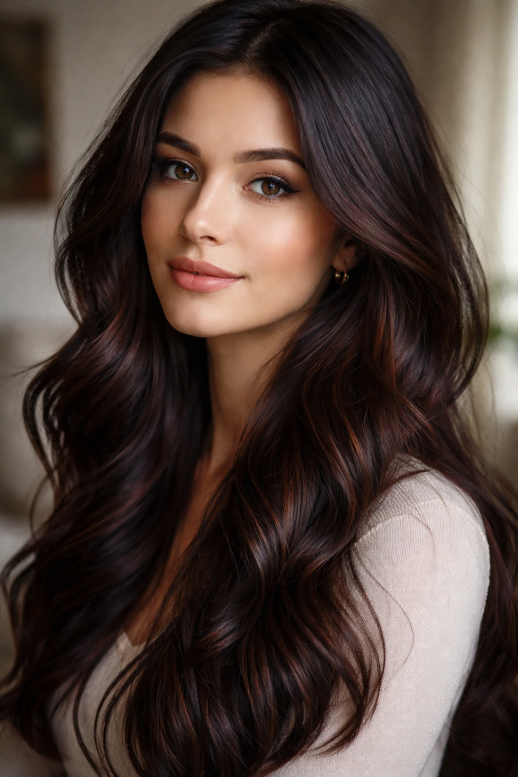 Close-up of dark hair with subtle mahogany highlights on a real person