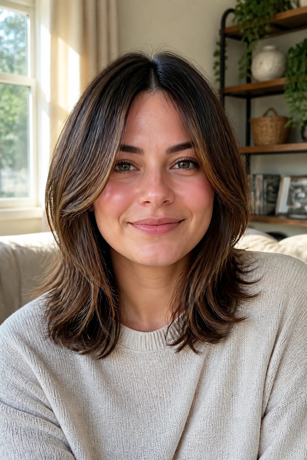 Real woman with subtle midi layers, soft movement, natural look.