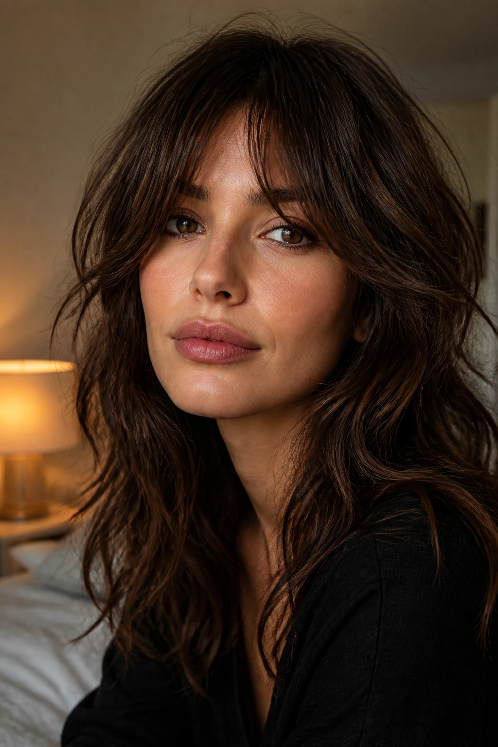 Close-up portrait of a real woman with Subtle Shag with Long Fringe in warm room light.