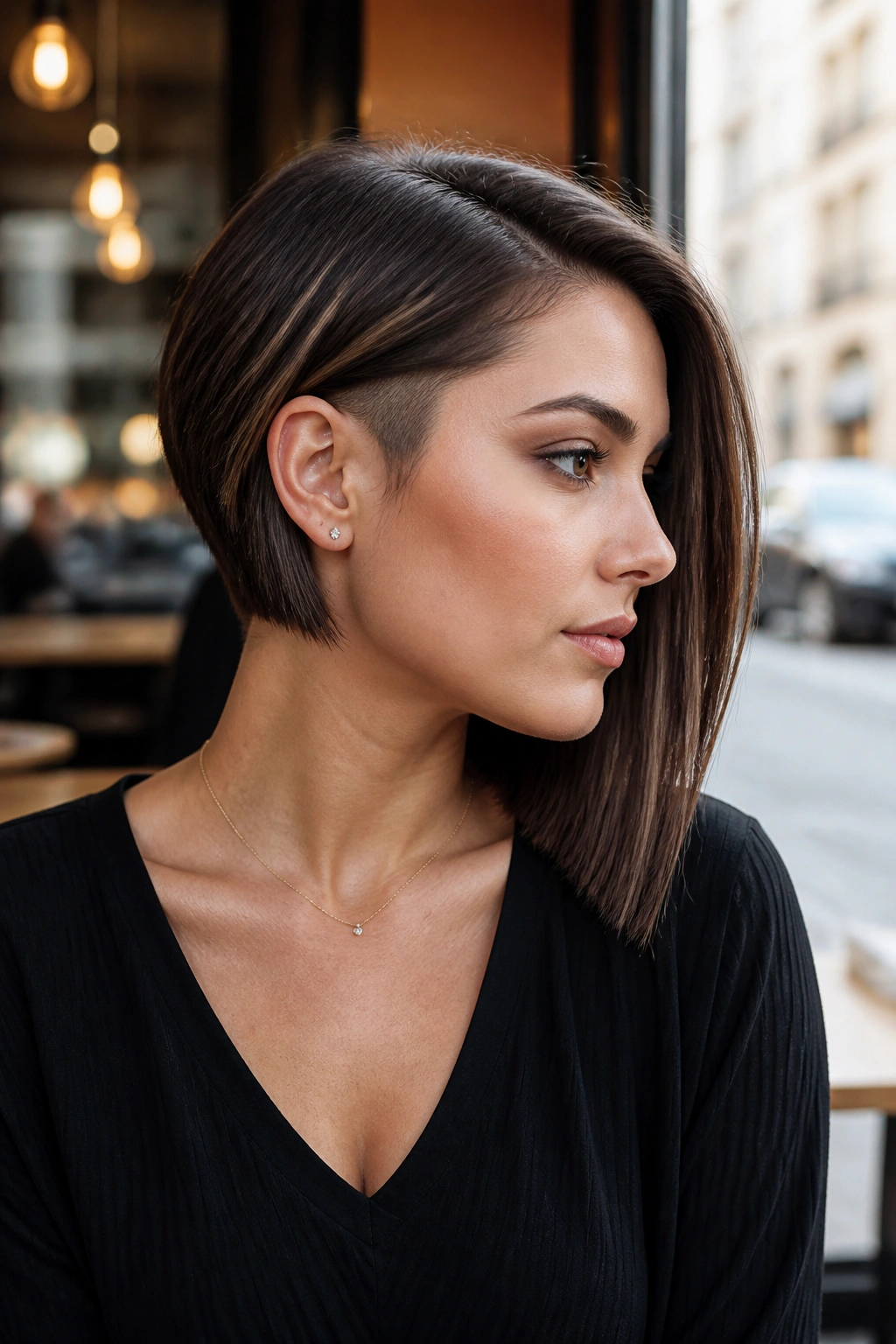 Close-up of a real woman with subtle undercut lob