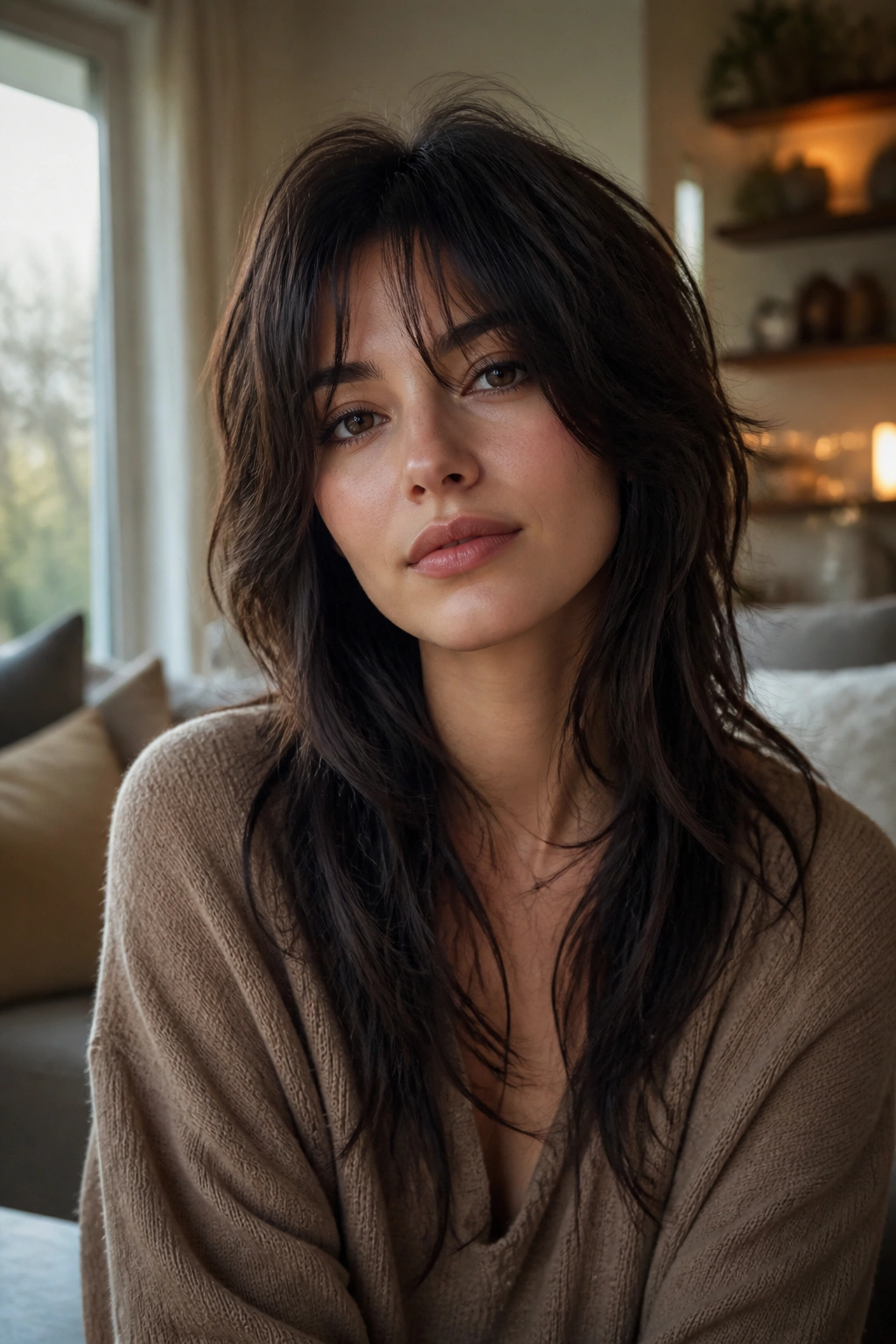 Head-and-shoulders portrait of a real woman with a subtle wolf-style shag