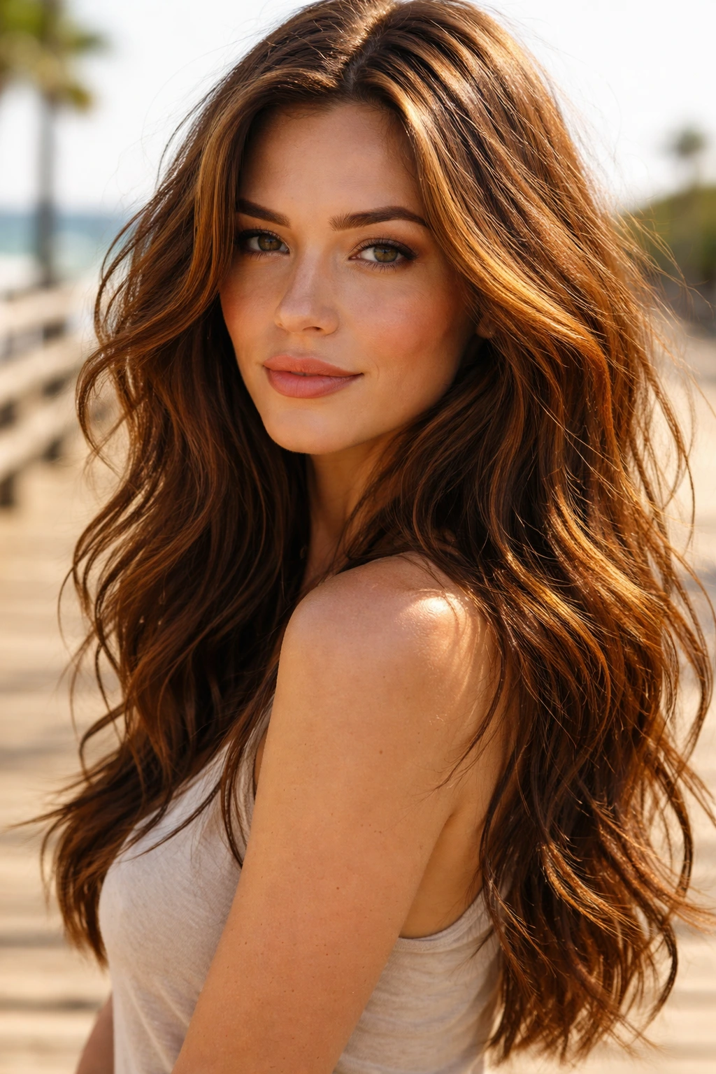 Close-up portrait of a real woman with sun-kissed auburn streaks in brown hair outdoors